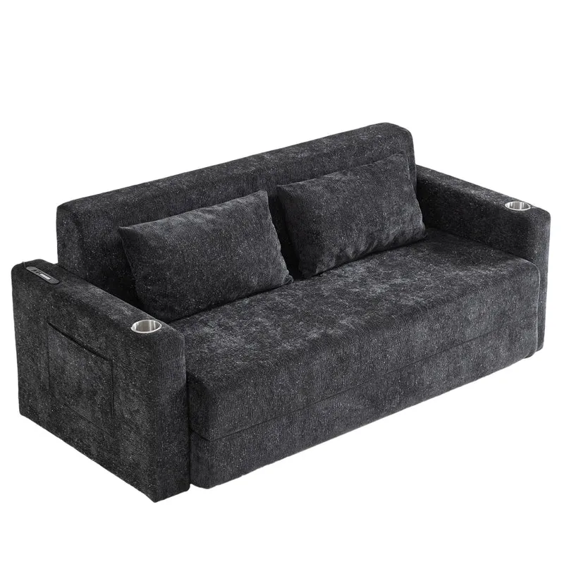 Divano letto 2 in 1 pieghevole con USB; porta bicchieri e tasche laterali; nero e grigio
