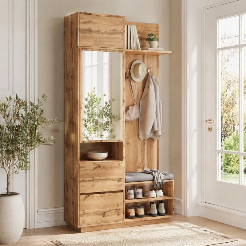 Mobile ingresso 5 in 1 con specchio; scarpiera; cassetti e panca; MDF naturale