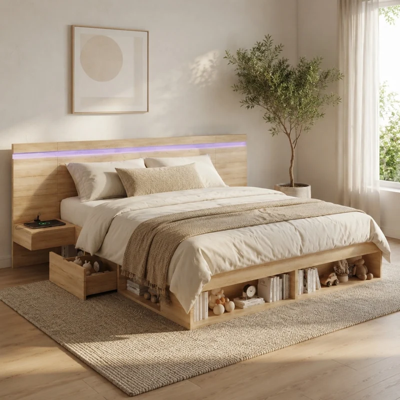 Letto matrimoniale 180x200 cm con contenitore; comodini integrati; LED e prese USB/USB-C; naturale