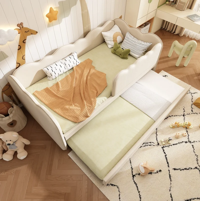 Letto imbottito con letto estraibile 90x190 cm in lino beige
