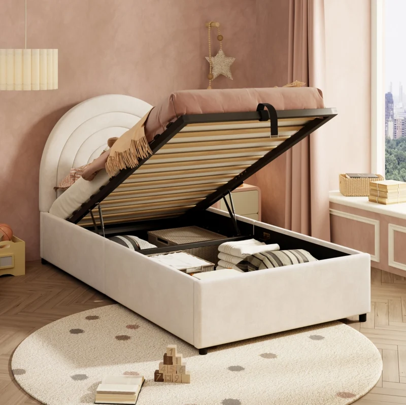 Letto imbottito 90x200 cm in velluto beige con contenitore idraulico