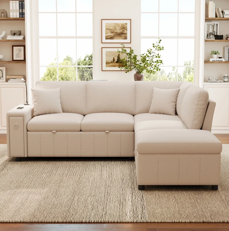 Divano angolare modulare con funzione letto; pouf contenitore; USB e Type-C; beige 213x184x88 cm