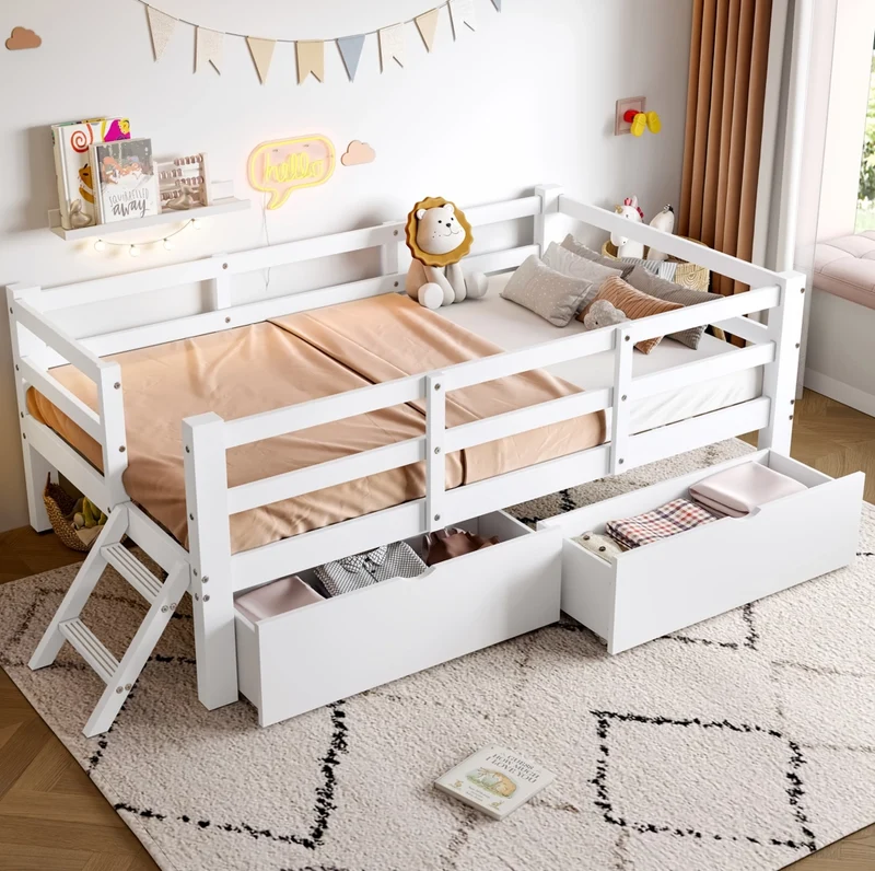 Letto a piattaforma 90x200 cm con sponde; 2 cassetti; MDF e compensato; bianco