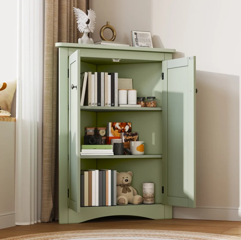 Mobile angolare freestanding a 2 ante, 3 livelli, 61,5 x 80 cm, MDF, verde