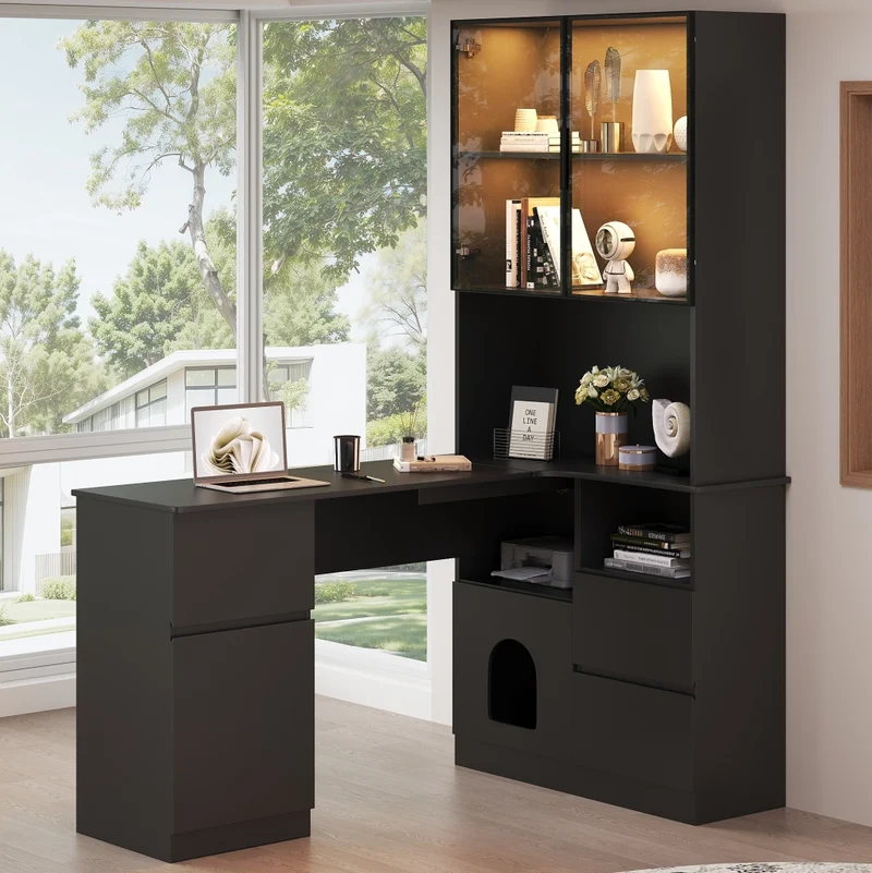 Scrivania angolare 120x80x180 cm con libreria; vetrina LED; 3 cassetti e 2 ante; nero