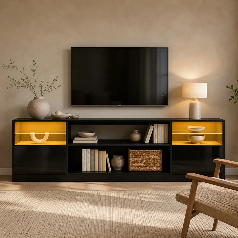 Mobile TV LED 180x35x60 cm in truciolare nero lucido con 4 ante e 8 vani