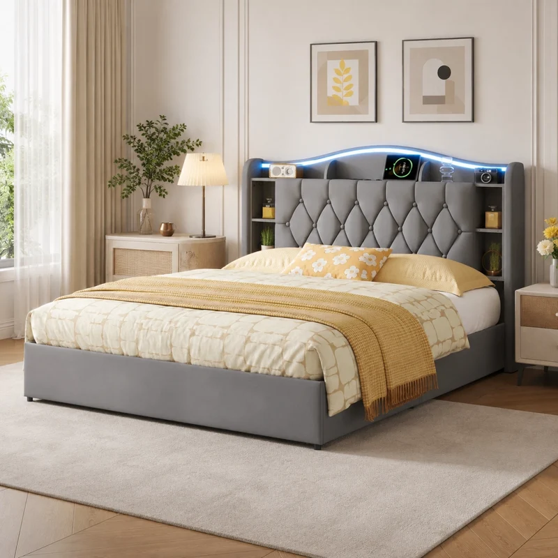 Letto matrimoniale con contenitore idraulico 140x190cm, testiera velluto grigio, luci LED RGB, ricarica USB‑wireless, scomparti porta‑oggetti