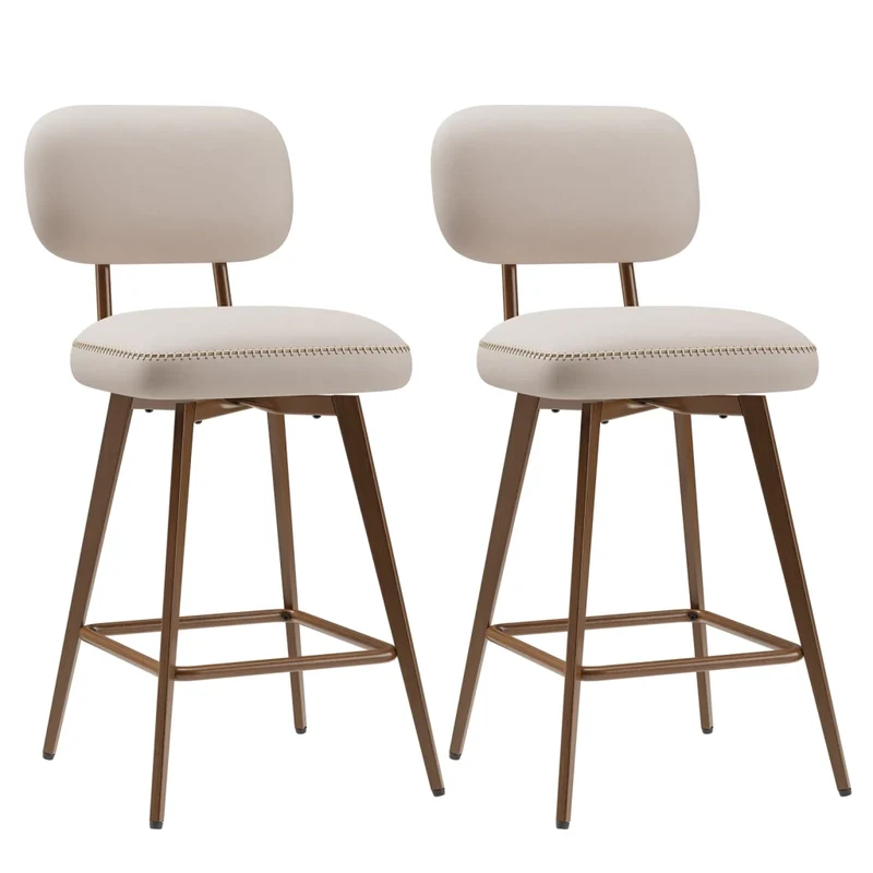 Set di 2 sgabelli da bar girevoli in similpelle PU, altezza bancone, stile Mid-Century, schienale basso e gambe in metallo, beige