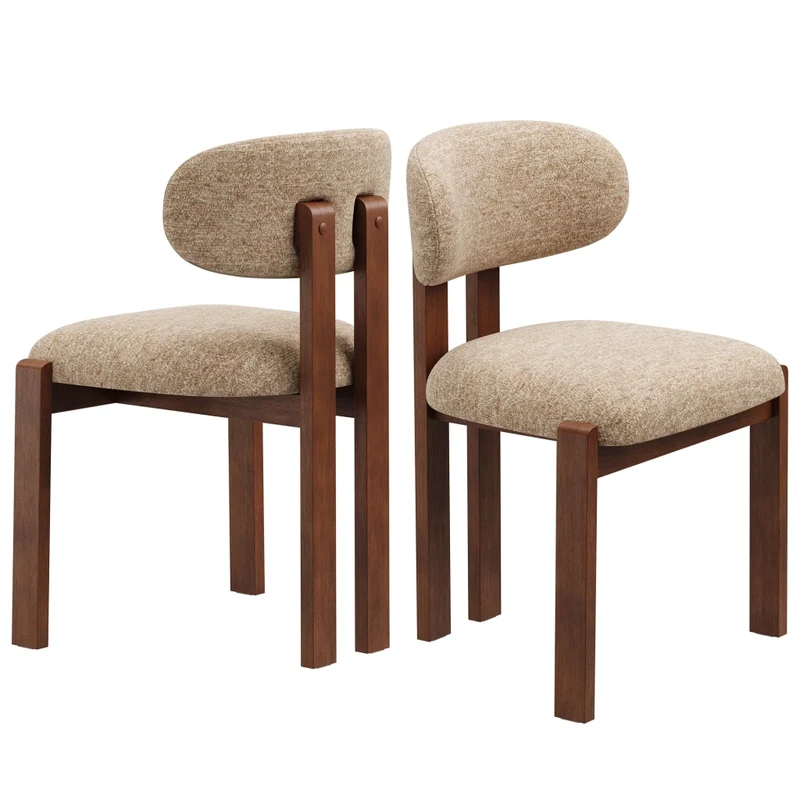Set di 2 sedie da pranzo in ciniglia, legno massello marrone, seduta confortevole, stile nordico, cammello
