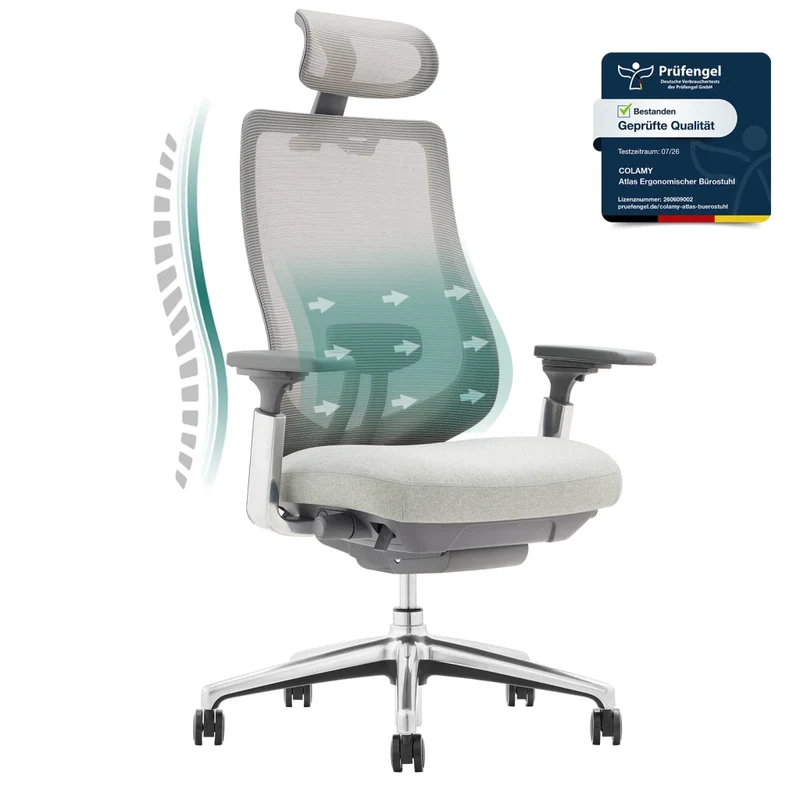 Sedia da Ufficio con Braccioli 4D e Seduta Regolabile Avanti-Indietro, Comfort Ottimale - Grigio Chiaro