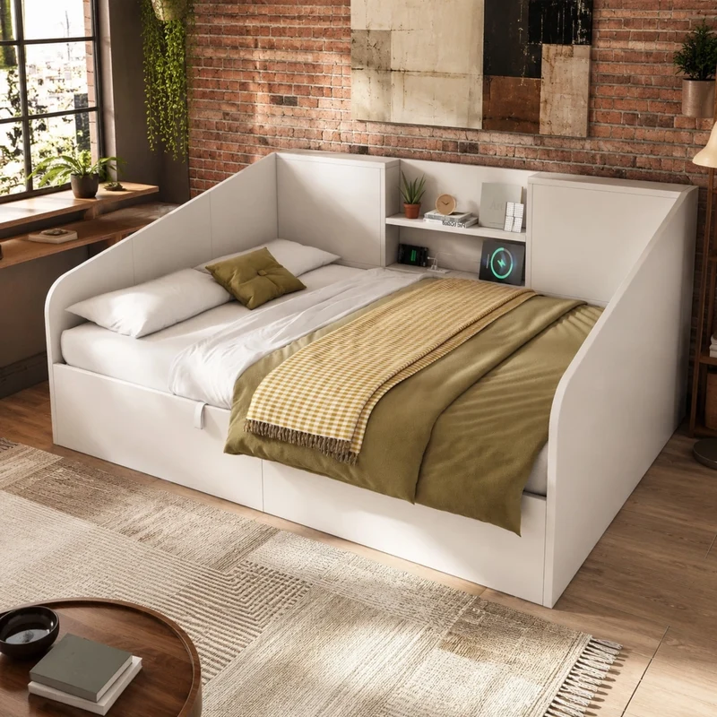 Letto da giorno contenitore 140x190 cm con USB/Type-C; legno; bianco