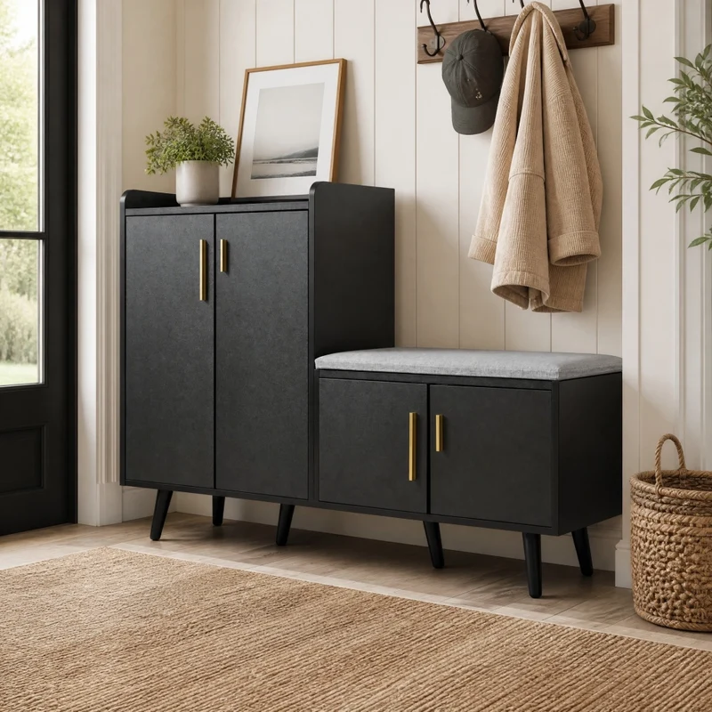 Panca portascarpe con cuscino; 120x34x82 cm; truciolare e metallo; Nero e Noce scuro