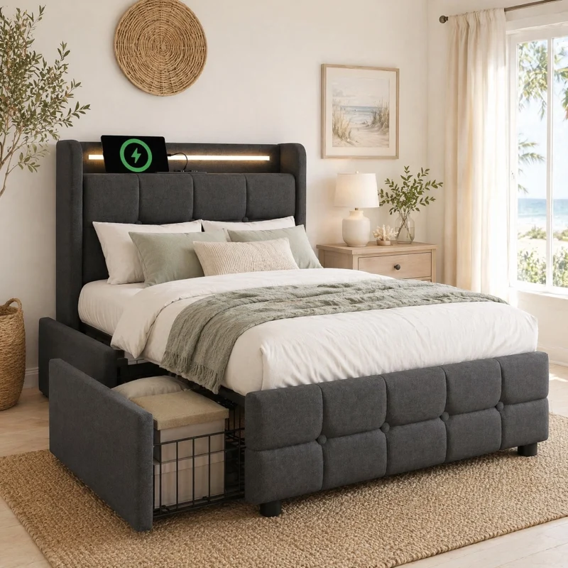 Letto singolo 90x200 cm con 2 cassetti; USB; prese e LED; grigio