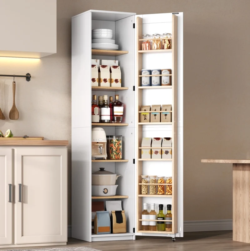 Mobile dispensa alto 40 x 40 x 183 cm con ripiani regolabili e vani interni; in MDF bianco e naturale