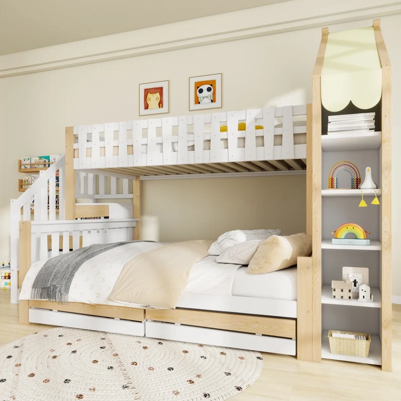 Letto a castello 90x200 cm + 140x200 cm con scala contenitore e 2 cassetti; bianco e naturale