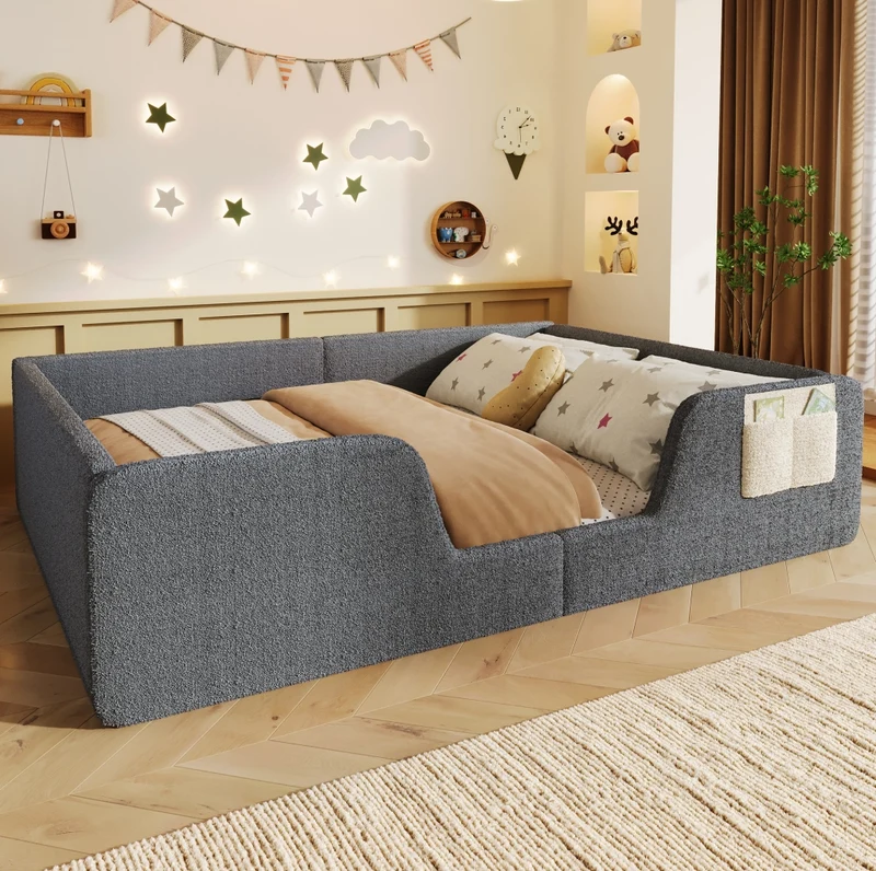 Letto per bambini imbottito 140x190 cm con sponde laterali removibili; velluto grigio