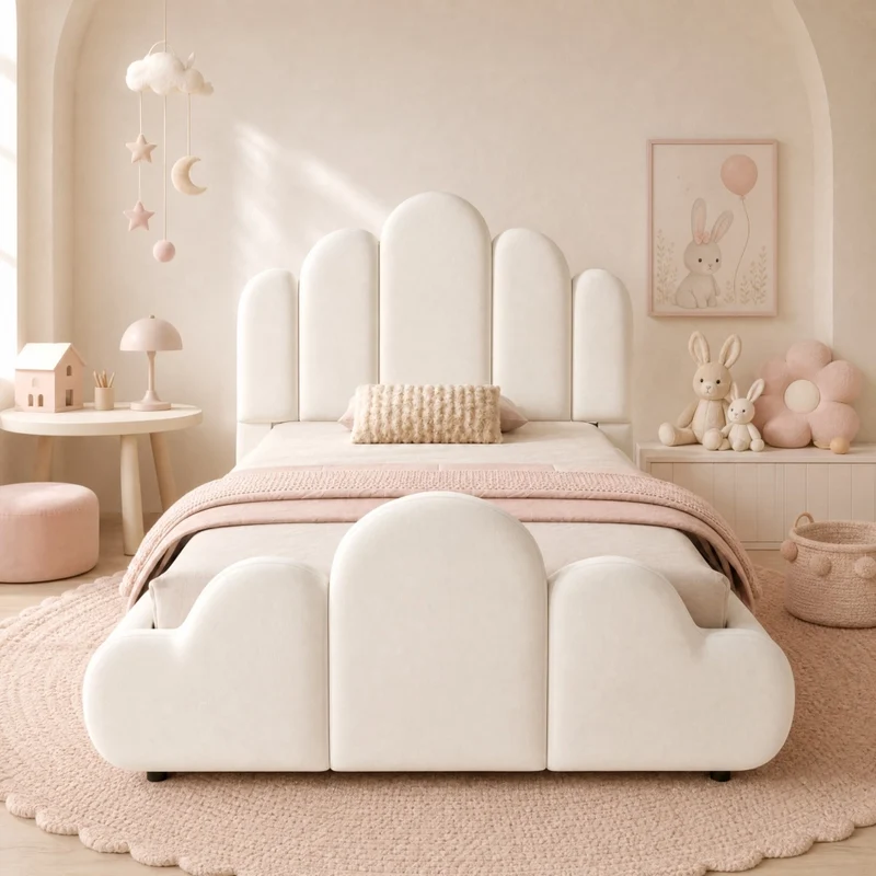 Letto singolo imbottito 90x200 cm in velluto beige; con rete inclusa e angoli arrotondati