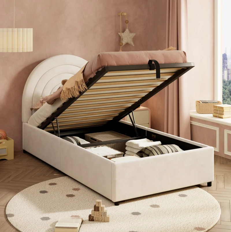 Letto imbottito con contenitore idraulico 90x200 cm in velluto beige
