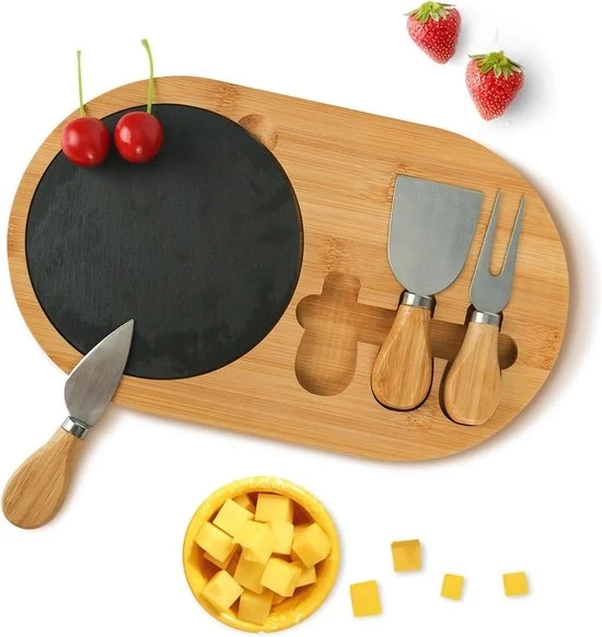 Piattaforma per formaggio in legno con lame per formaggio e piastrelle di pietra - ideale per aperitivi - 1 pezzo - bambù