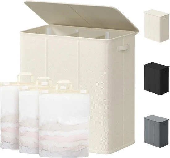 Asciugatrice a 3 Compartimenti – Asciugatrice con Coperchio e Maniglie – Sacchi di Asciugatura Rimovibili – Credenza per Asciugatrice 40 x 30 x 112 cm