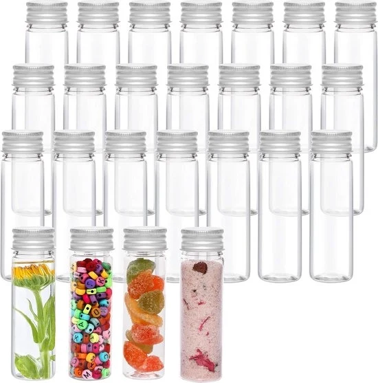 Contenitore per liquidi Helder Plastic Test Buisjes con vite e spazzola per pulizia - 50ml - Contenitore riutilizzabile trasparente per liquidi e conservazione di caramelle, bad salts, perle e fiori.