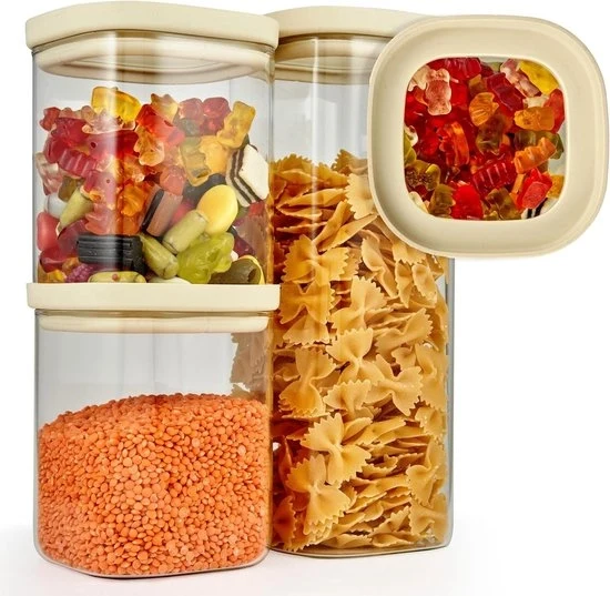 Set di contenitori in vetro di borosilicato da 3 pezzi - Contenitori in vetro a chiusura ermetica - Contenitori da cucina a pile - Contenitore quadrato da magazzino Contenitori da magazzino