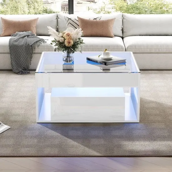 Tavolo salotto - Vetro resistente - LED - 2 prese - Design in legno