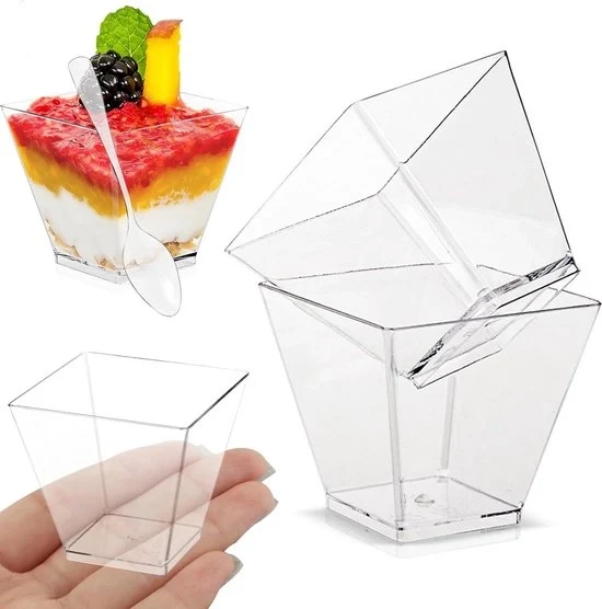 Mini Dessertbowl 60ML Quadrato Plastico Trasparente 50 pezzi con Cucchiai - per Matrimoni Feste Compleanni Feste