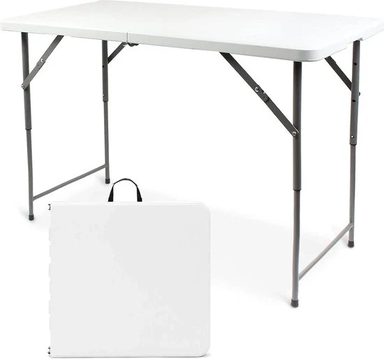 Tavolo da campeggio regolabile in altezza - tavolo da giardino rettangolare - maniglia portatile - 120 x 60 x 76 cm - tavolo da birra da campeggio - BBQ da campeggio - buffet per festa - tavolo pieghevole bianco