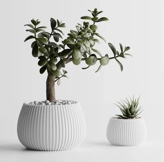 Set di 2 Vasi Decorativi Moderni – Tessuto Verticale a Strisce | Design Rond e Basso | Per Piante, Cactus o Bonsai | 2 Dimensioni | 100% Fatto a Mano in Italia