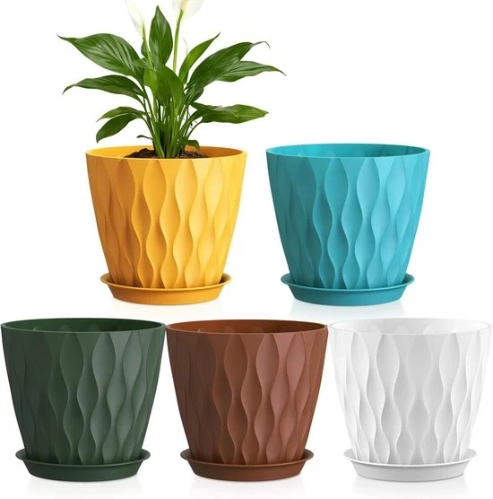Set di 5 Vasi di Fiori 7 Pollici | Vasi di Piante in Plastica con Fessure di Drenaggio e Coperchi | Per Piante da Interno e Esterno | Colorati