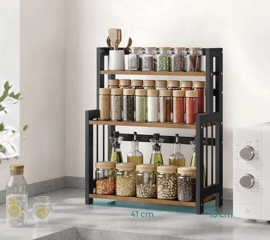 Organizzatore per erbe e caffè a 3 livelli – Bambù e Metallo – Supporto per cucina libero – Organizzatore per tavolo di lavoro – Marrone/Nero
