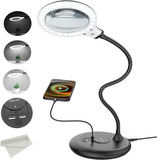 Verglassio con Illuminazione - Lampada a Lente - Specchietto di Ingrandimento a Led - Nero