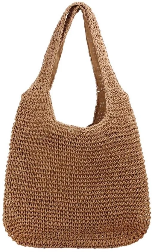 Borsa a Spalla in Rattan - Tela a Maglia a Mano - Estate - Cammello