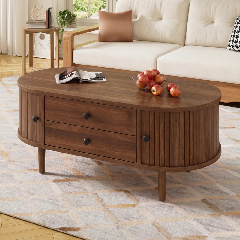 Tavolino da caffè ovale 100 x 50 x 40 cm in MDF effetto noce con 2 cassetti e ante scorrevoli