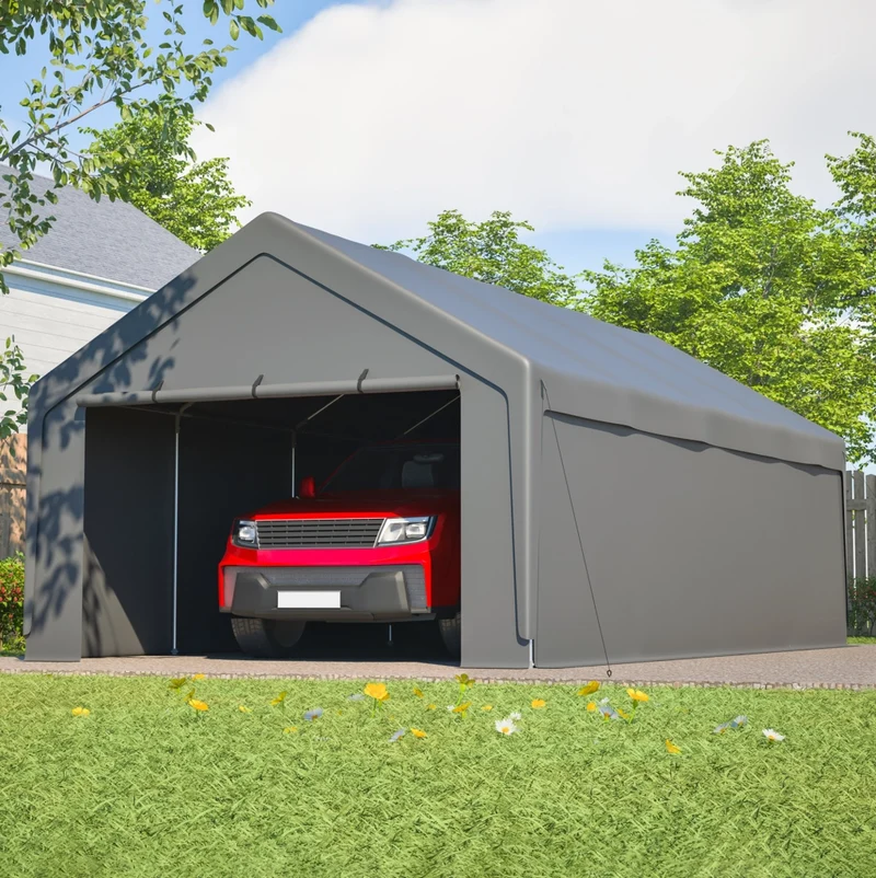 Carport 400x765x311 cm in metallo grigio con pareti rimovibili e finestre arrotolabili