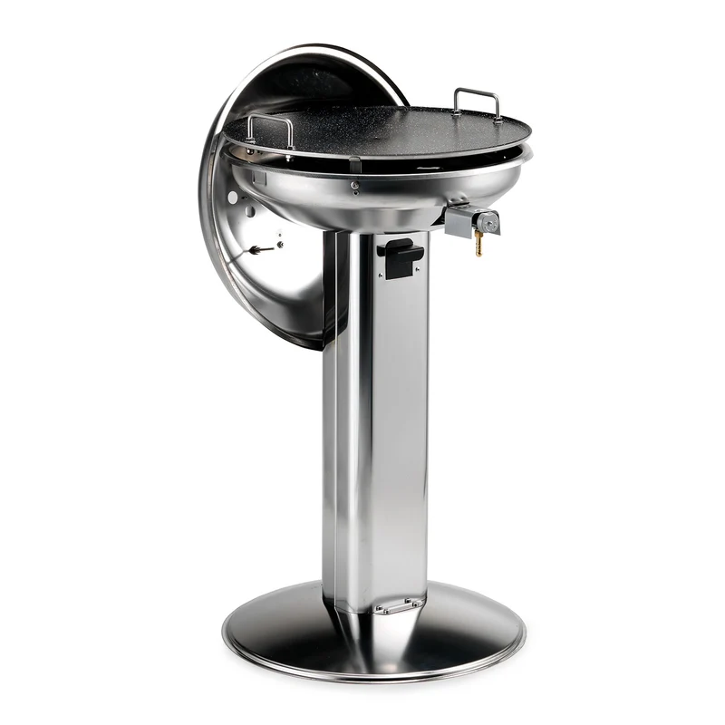 Barbecue a Gas con Cover Ompagrill Alueco 4780 Inox con Piastra in Alluminio Teflonato Ø47 cm Alimentazione GPL e Metano Gamba a Colonna in Acciaio Inox