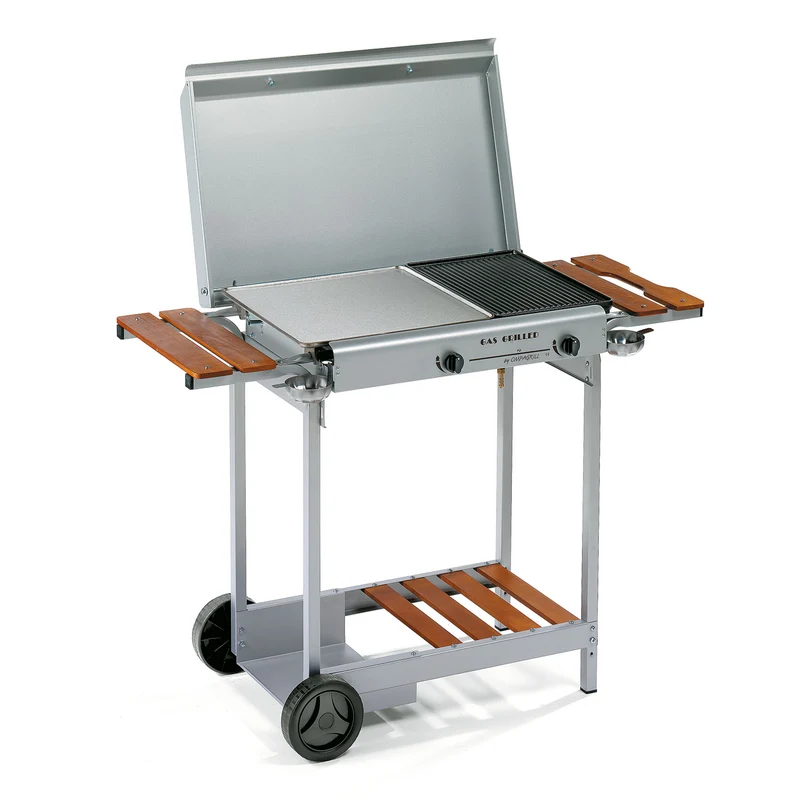 Piastra di Cottura GAS 4043 STAINLESS Ompagrill in Acciaio Inox 43x40 cm Alimentazione a GPL e Metano Carrello Portabombola e Mensole in Legno