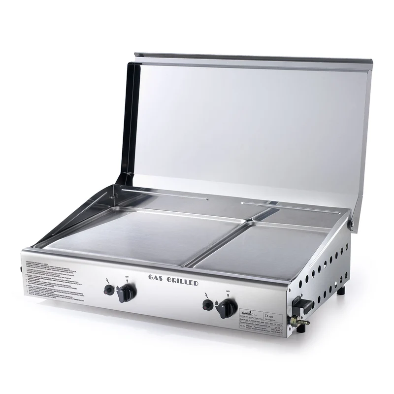 Doppia Piastra di Cottura con Cover Ompagrill Plancha Double 0471 Alimentazione a Gas GPL con Accensione Piezoelettrica in Acciaio Inox per Alimenti