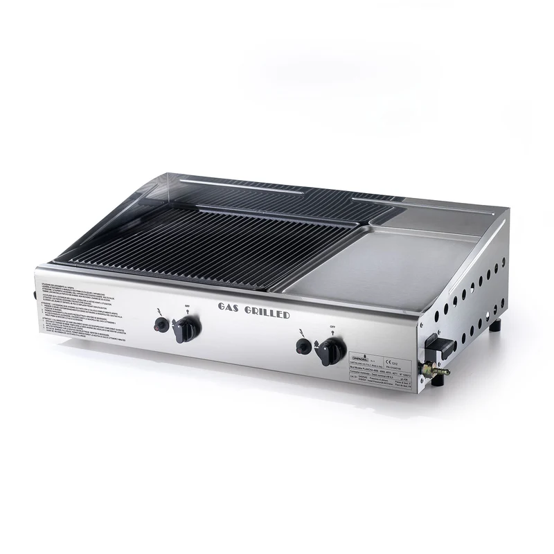 Doppia Piastra di Cottura Ompagrill Plancha Double 0470/M Alimentazione a Gas GPL e Metano con Accensione Piezoelettrica in Acciaio Inox e Ghisa