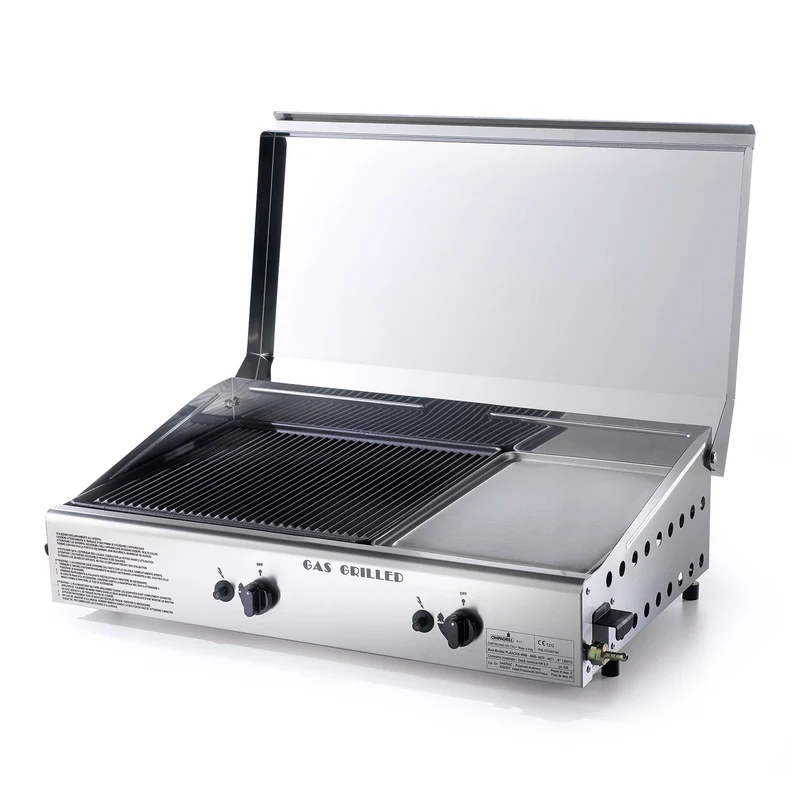 Doppia Piastra di Cottura con Cover Ompagrill Plancha Double 0470/M Alimentazione a Gas GPL e Metano con Accensione Piezoelettrica in Acciaio Inox e Ghisa