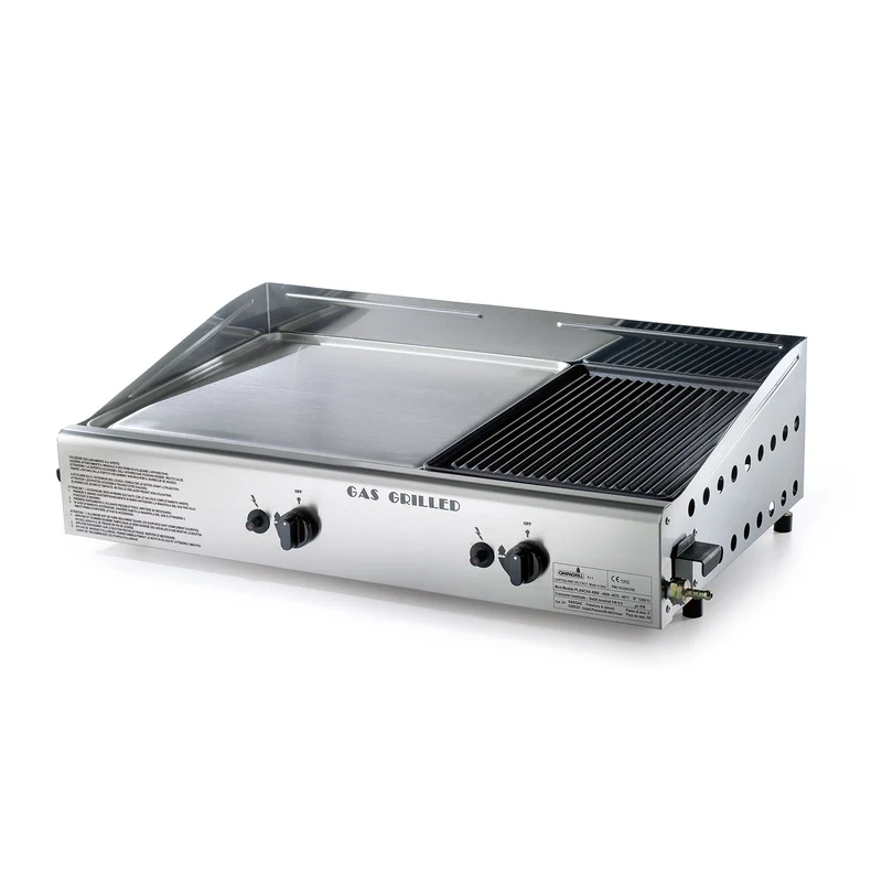 Doppia Piastra di Cottura Ompagrill Plancha Double 0468/M Alimentazione a Gas GPL e Metano con Accensione Piezoelettrica in Acciaio Inox e Ghisa