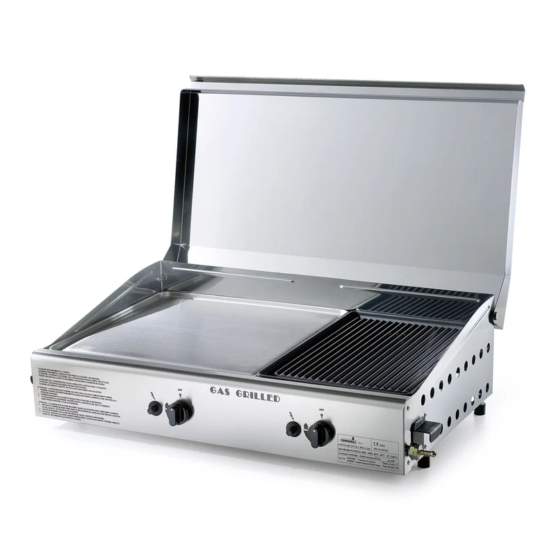 Doppia Piastra di Cottura con Cover Ompagrill Plancha Double 0468/M Alimentazione a Gas GPL e Metano con Accensione Piezoelettrica in Acciaio Inox e Ghisa