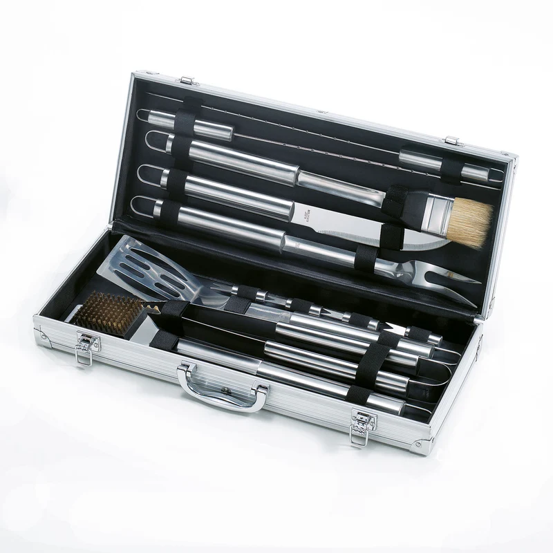 Set Valigetta Accessori per Barbecue Ompagrill in Alluminio da 12 Pezzi in Acciaio Inox