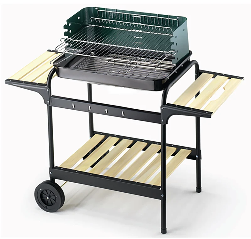 Barbecue a Carbone Griglia 58x38 cm Ompagrill 70501 Ripiani in Legno e Struttura in Acciaio Verniciato Nero