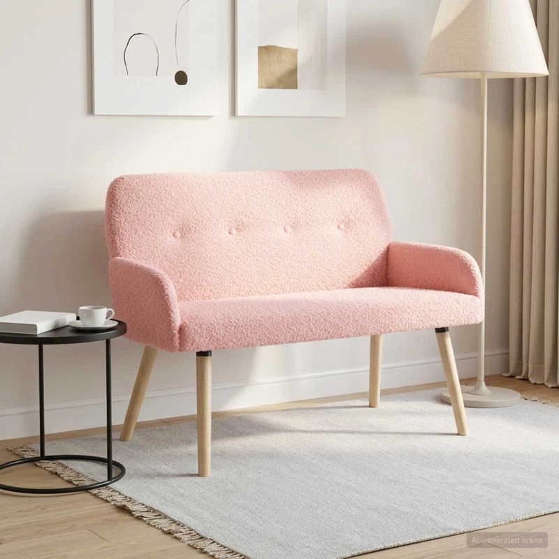 Divano a 2 Posti con Gambe in Legno Massello Rosa Bouclé 42051066