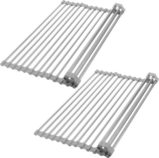 Afdruiprek Opliabile 304 Acciaio Inox - Set da 2 - Antiscivolo Silicone - Opliabile - Per Lavabo e Lavello - Organizzatore Cucina - 43 x 35 cm afdruiprek con bacino di raccolta inclusa
