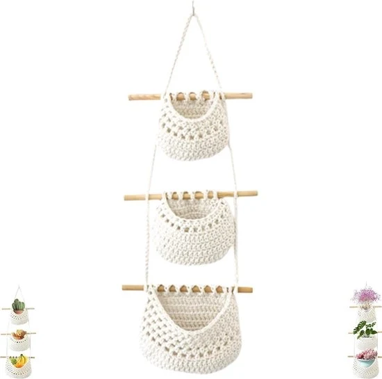 Tas di stoccaggio a tre livelli con stile bohemien, adatto per cucina, soggiorno e bagno - colore latte.