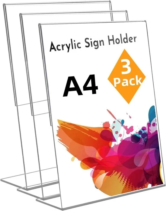 Display Supporto A4 per Acryl 3 Pezzi - Modello L Tavolo con Sostegno - Supporto per Carte e Folder per Bancone, Ufficio, Negozio e Ristorante
