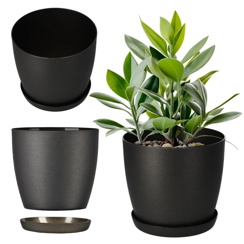 Vaso da fiori KADAX con sottovaso, vaso in plastica da 25 cm, coperchio, fiori, grafite opaca